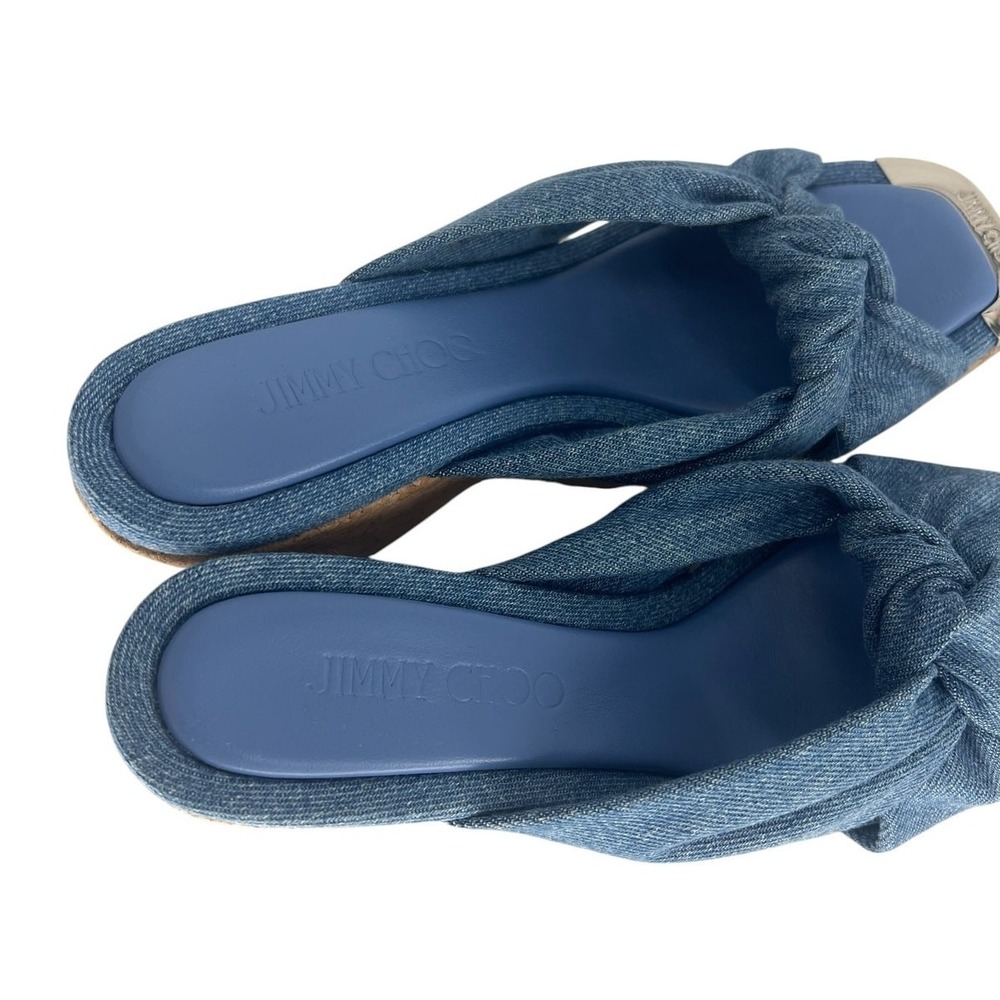 Jimmy Choo Avenue 110 Denim Wedge Sandals Knotted Upper 37 - Picture 14 of 16